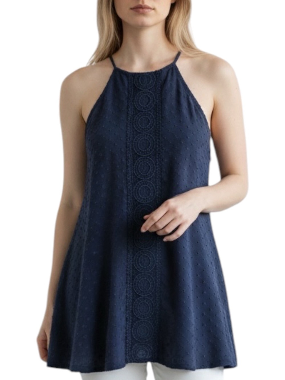 WHBM Navy Swiss Dot Embroidered Halter Swing Longline Camisole